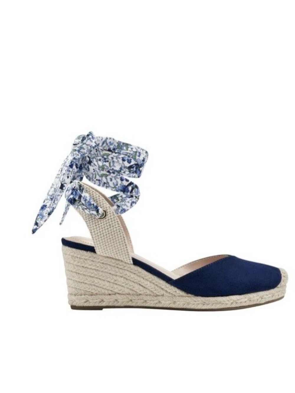 Bandolino Nettie Navy Padded Wedge Espadrille with Floral Ankle Tie - Picture 2 of 8